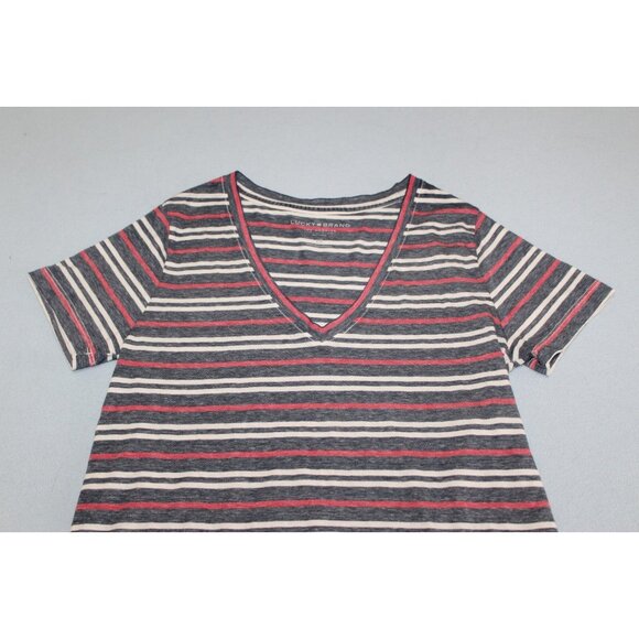 Lucky Brand Womens Multicolor Striped V Neck Short Sleeve Tee Shirt S NWT - Picture 2 of 6